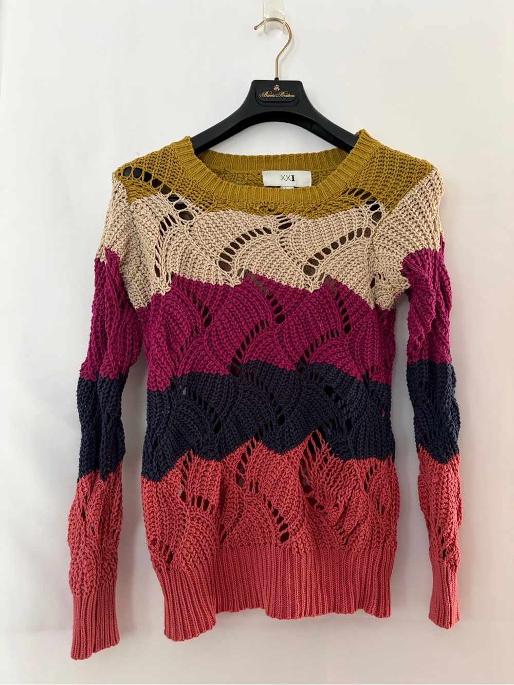 Colorblock Open-Knit Sweater in Mustard, Cream, Pink and Navy